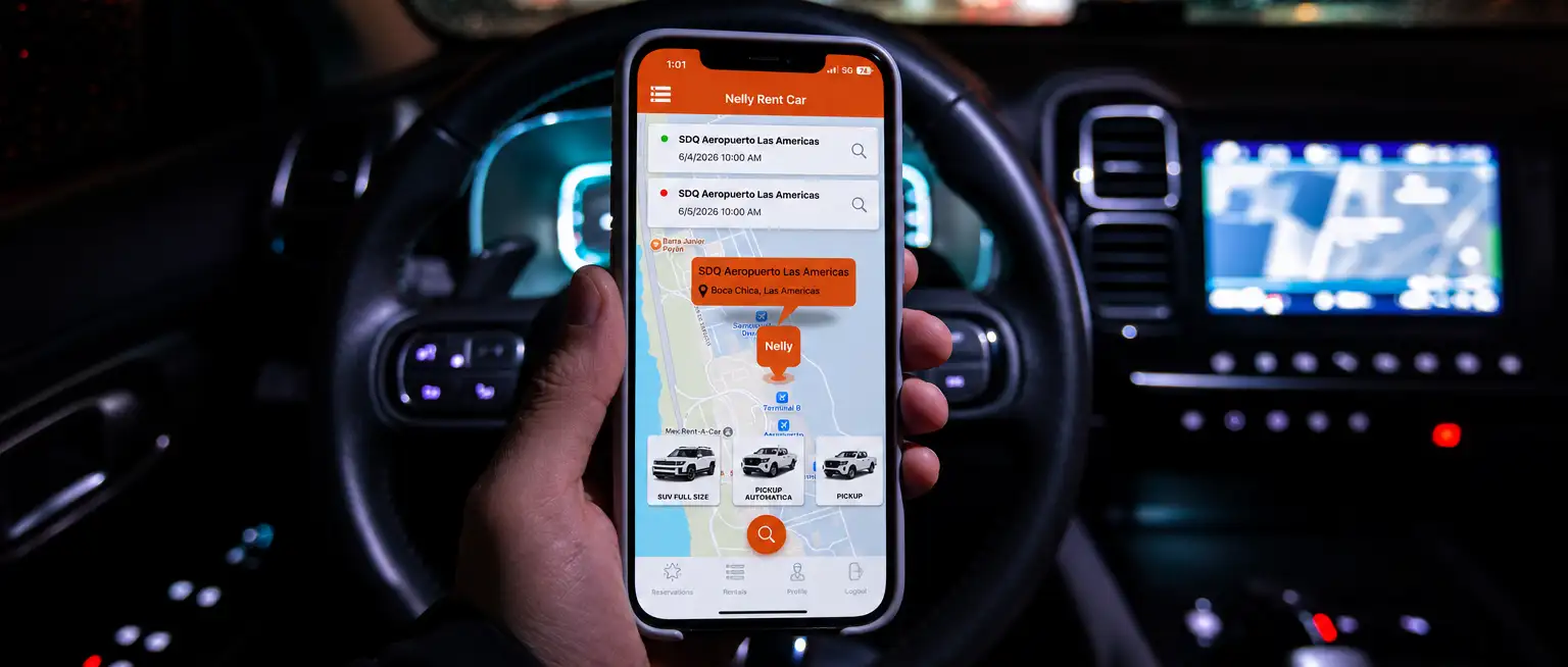 Nelly Rent Car mobile app showing vehicle pickup location at SDQ Las Américas Airport