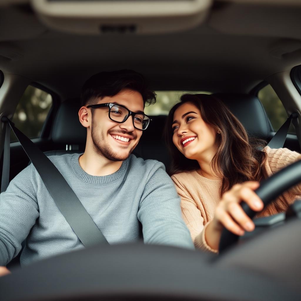 Happy couple enjoying their rental car